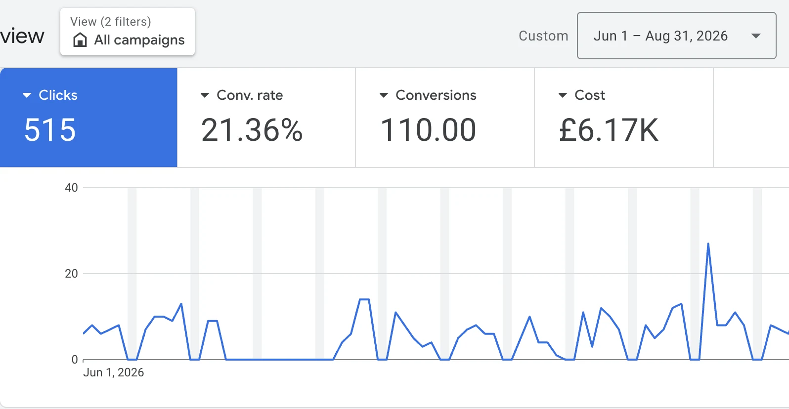 Google Ads dashboard showing 110 conversions at a 21.36 percent conversion rate