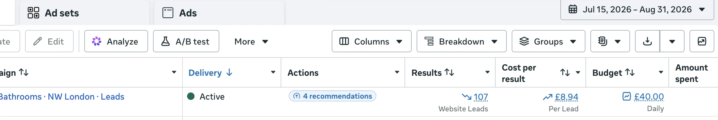 Meta Ads showing 107 website leads at £8.94 each