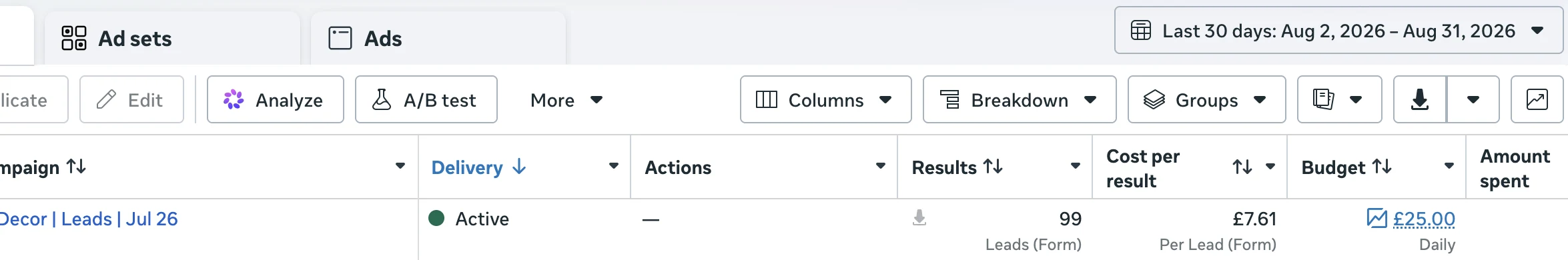 Meta Ads showing 99 leads at £7.61 each in 30 days