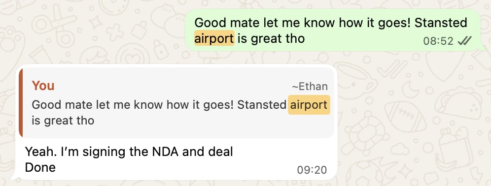 Client WhatsApp message: signing the NDA, deal done